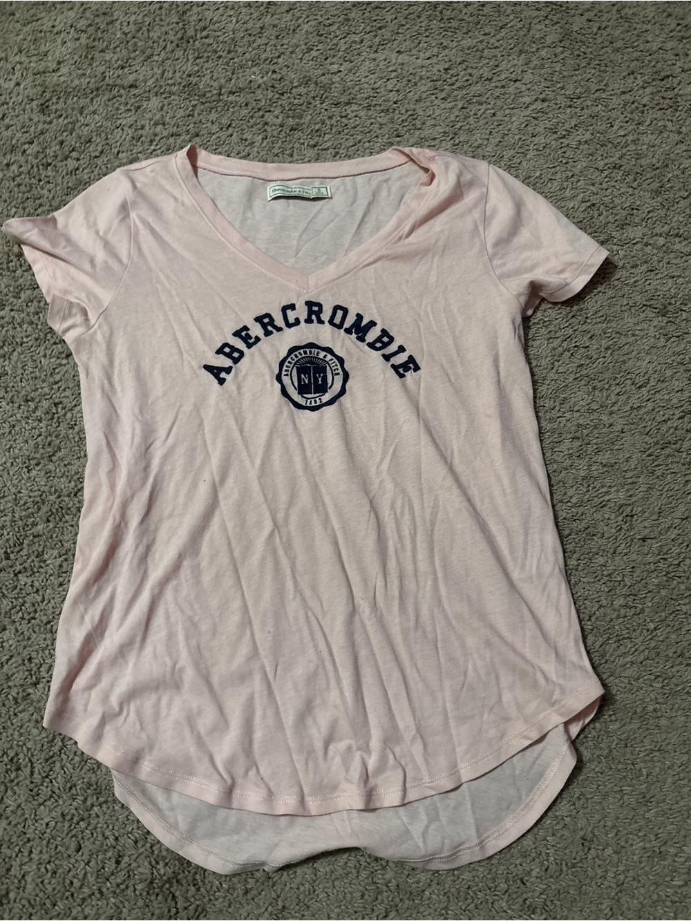 Abercrombie & Fitch Pale Pink V-Neck Logo Tee with Navy Print